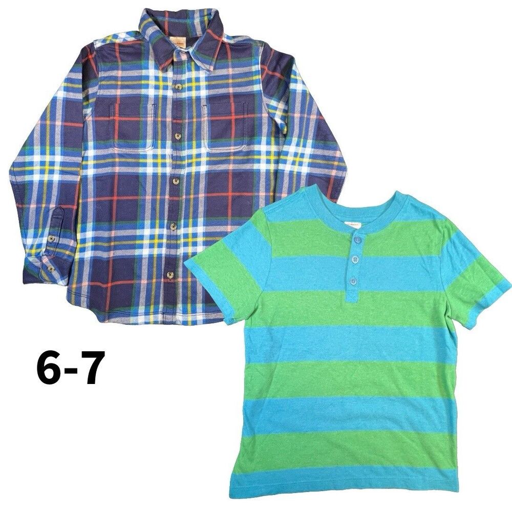 Hannah Andersson Boys Size 6-7 Plaid Long sleeve And green stripe Henley